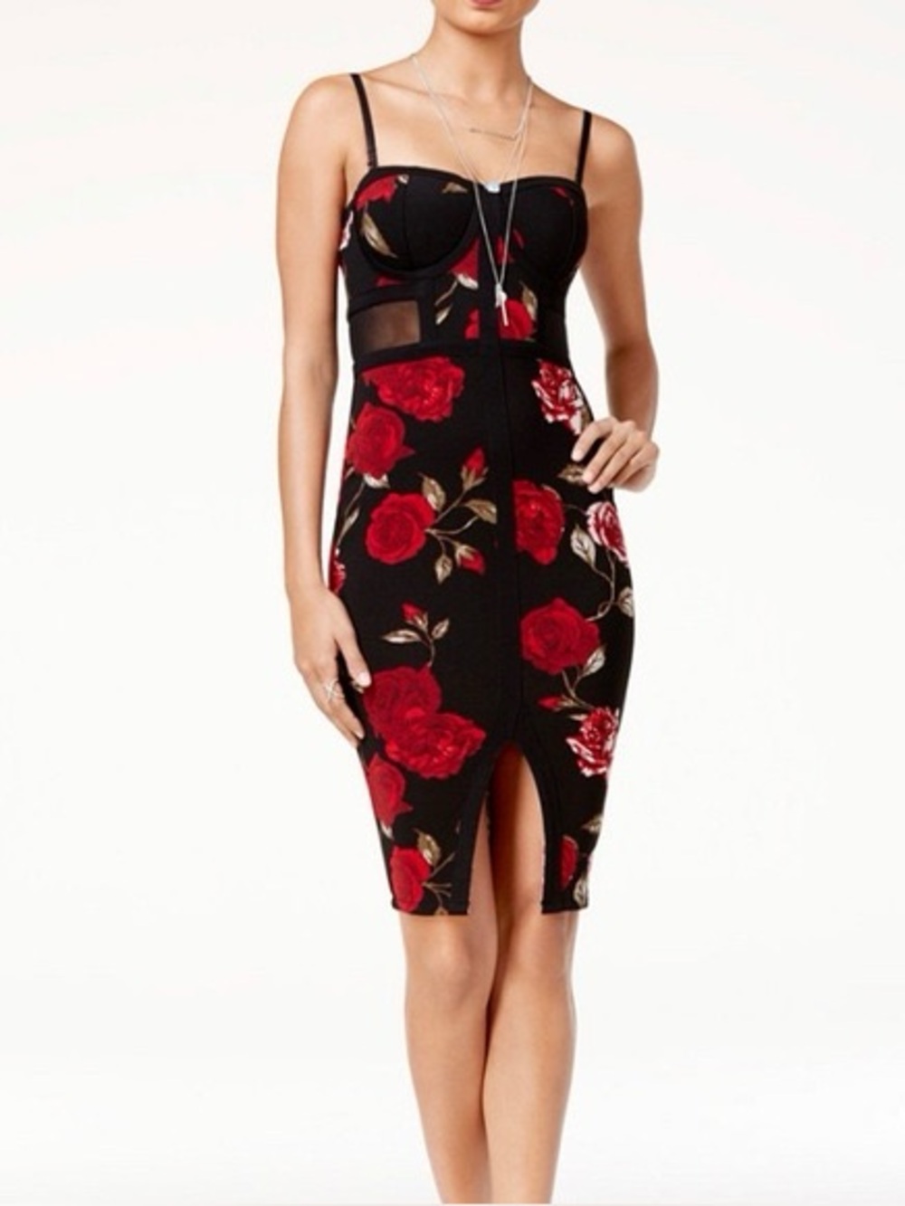 Material Girl Black Bustier Midi Dress with Red Rose Print